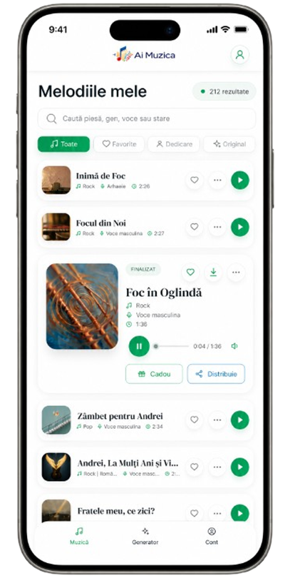 Playlist personal AiMuzica pe telefon